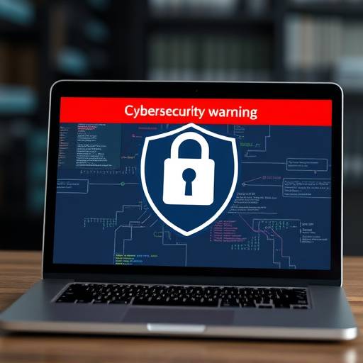 Laptop displaying a cybersecurity warning with a padlock icon, emphasizing data protection for small businesses