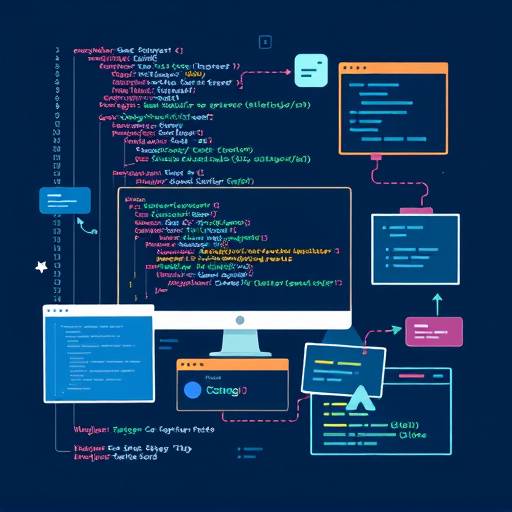 Software development illustration showing code snippets and programming interfaces